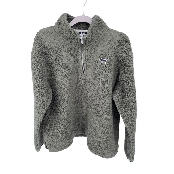 Victorias Secret Pink High Pile Fleece Size L 1/4 Zip Dark Green Teddy Pullover - Picture 1 of 8
